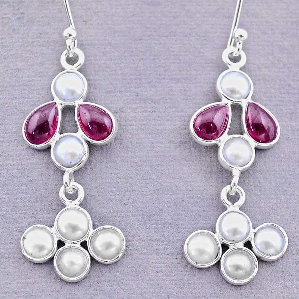 7.15cts natural red garnet pearl 925 sterling silver dangle earrings t12455