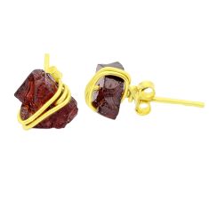 6.94cts natural red garnet rough 925 silver gold wire wrap stud earrings u67868
