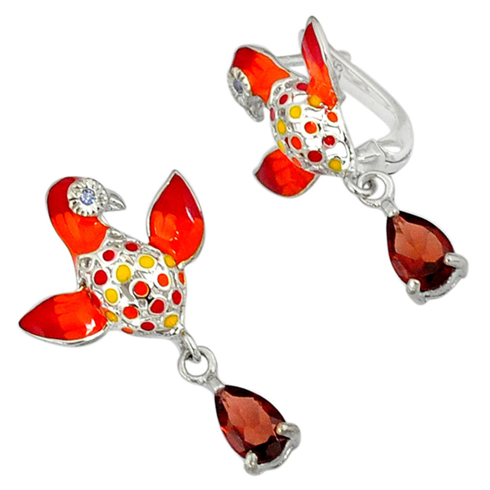 Natural red garnet topaz enamel 925 sterling silver birds charm earrings c16942