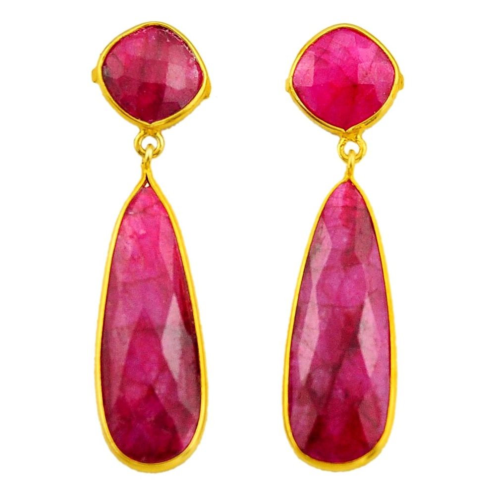 30.98cts natural red ruby 925 sterling silver 14k gold dangle earrings r32472