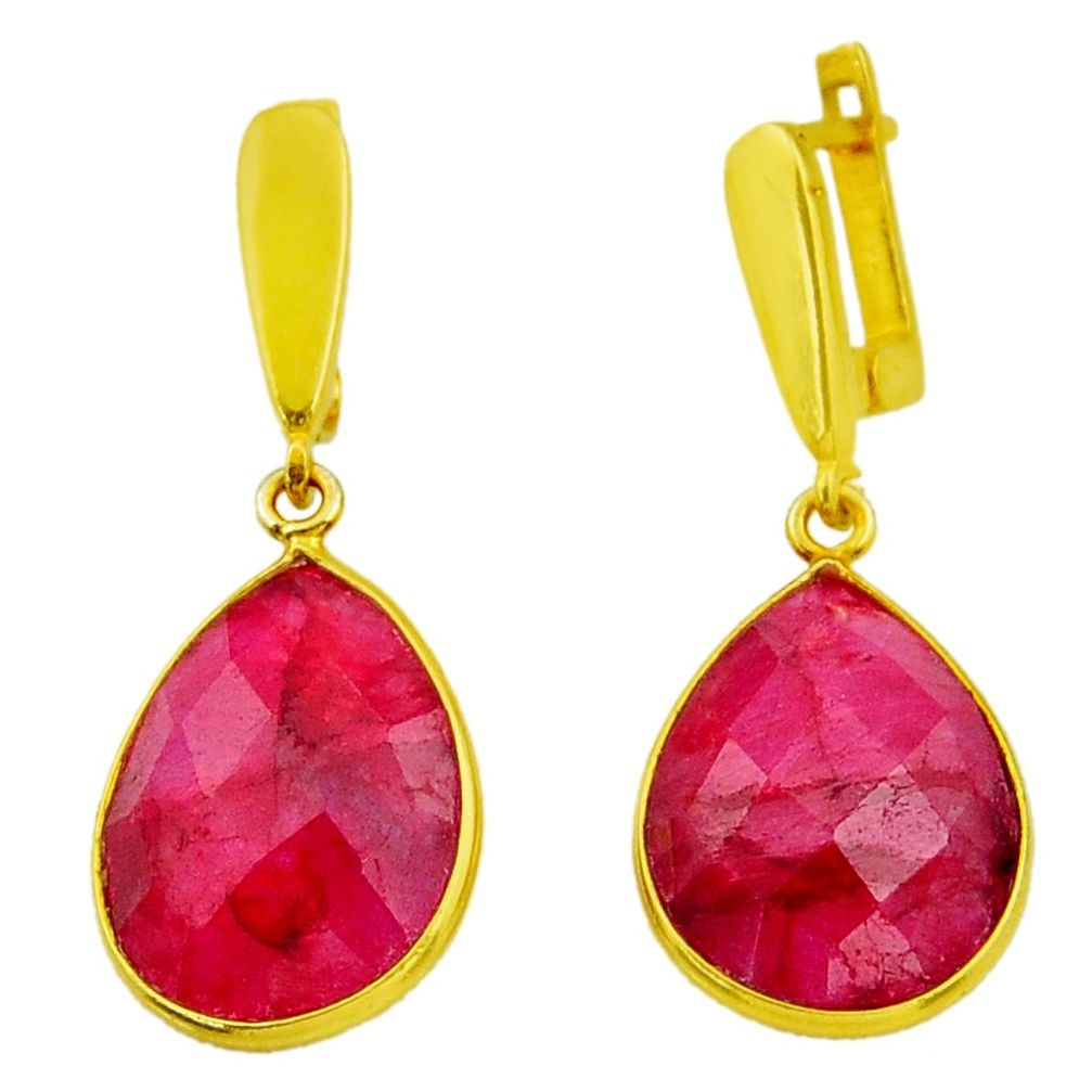 21.66cts natural red ruby 925 sterling silver 14k gold dangle earrings r32530