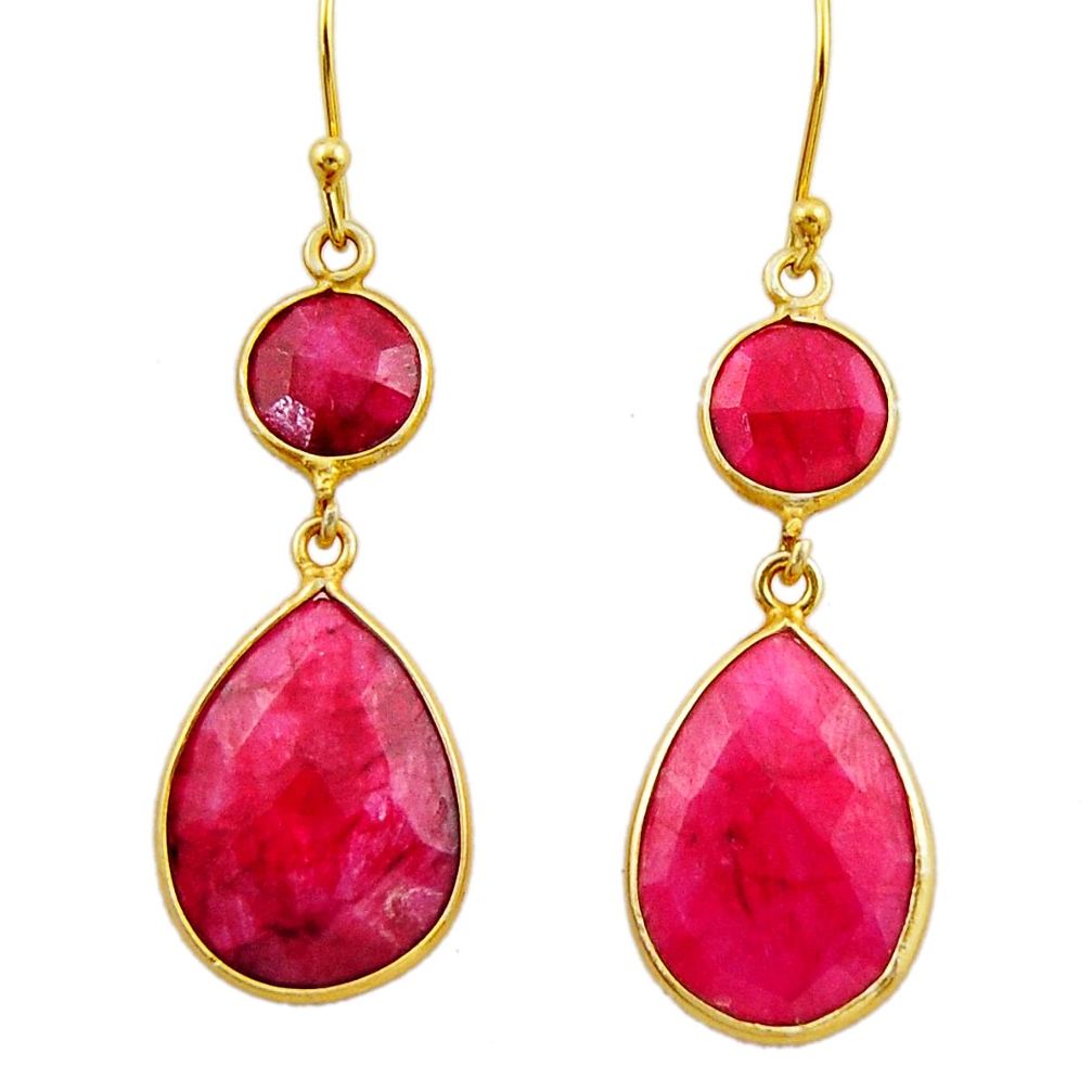 21.44cts natural red ruby 925 sterling silver 14k gold dangle earrings r32689