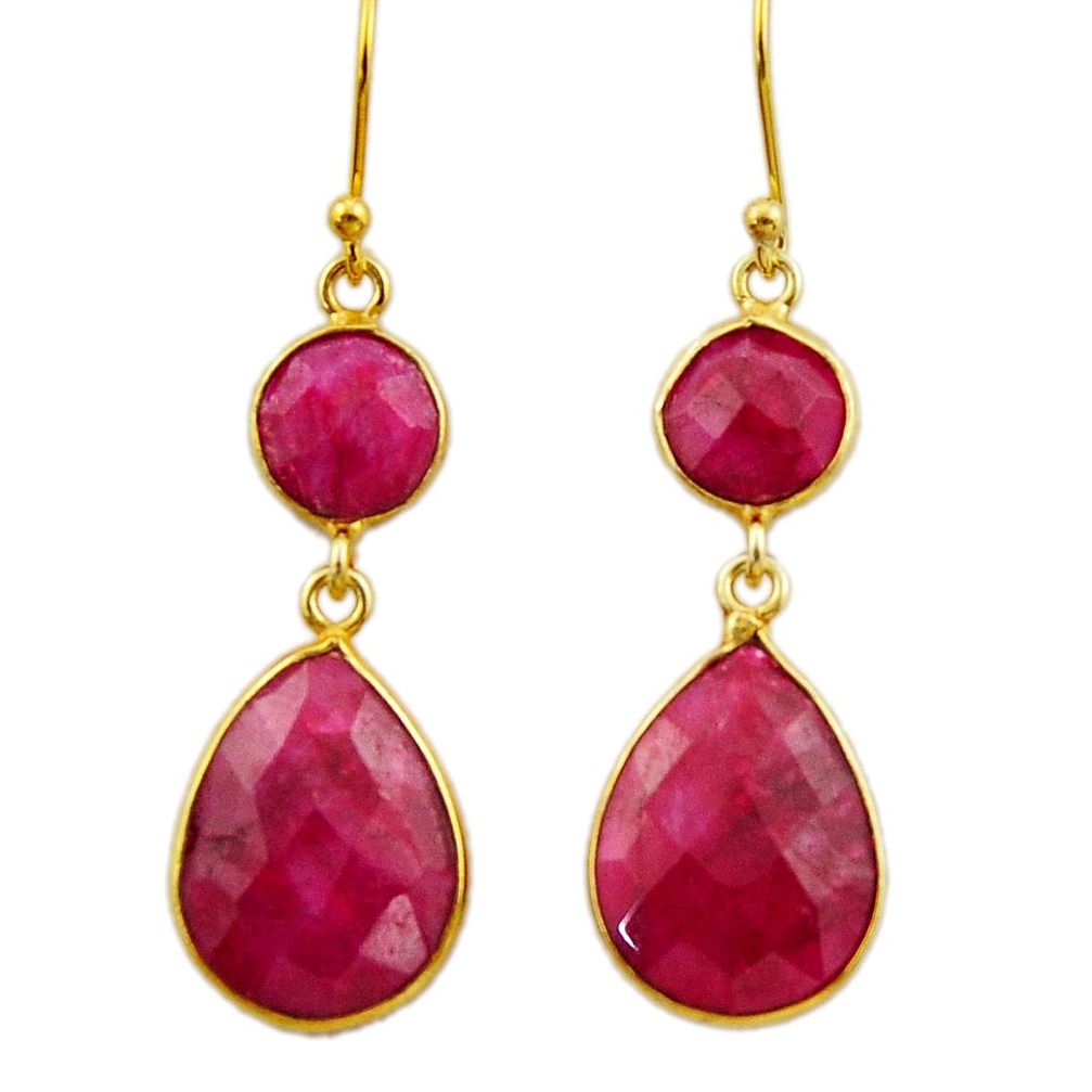 18.57cts natural red ruby 925 sterling silver 14k gold dangle earrings r32691