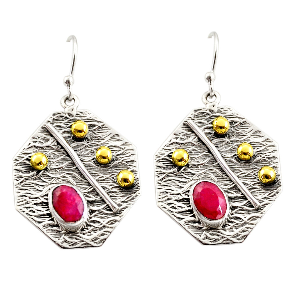 3.44cts natural red ruby 925 sterling silver 14k gold dangle earrings r37233