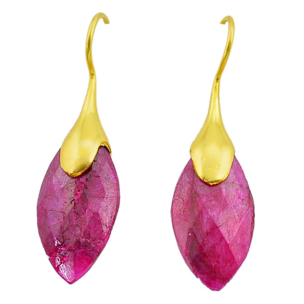 16.28cts natural red ruby 925 sterling silver 14k gold dangle earrings t44061