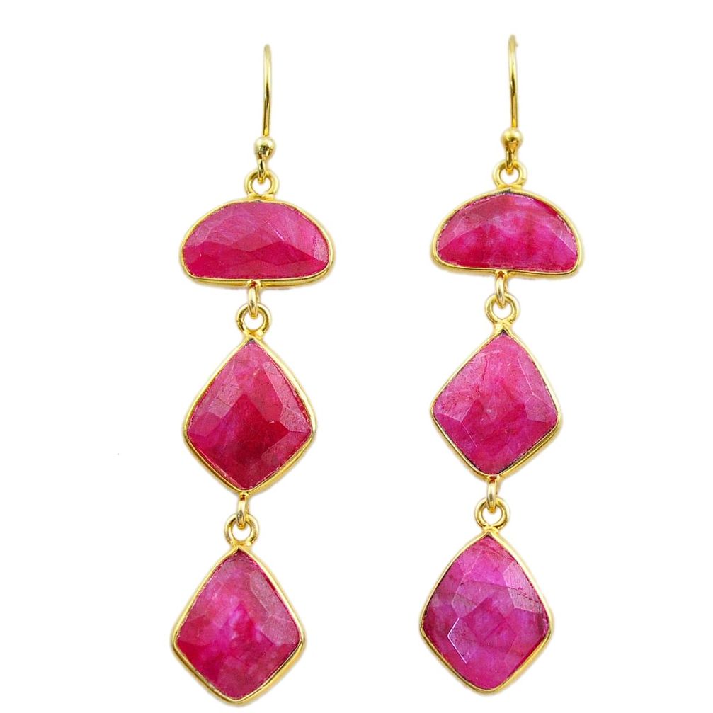 16.88cts natural red ruby 925 sterling silver 14k gold dangle earrings t44149