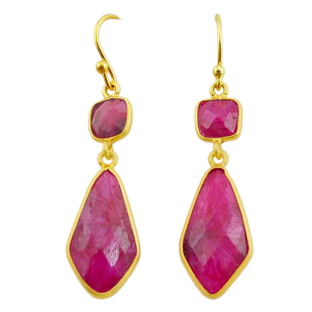 13.69cts natural red ruby 925 sterling silver 14k gold dangle earrings t44201