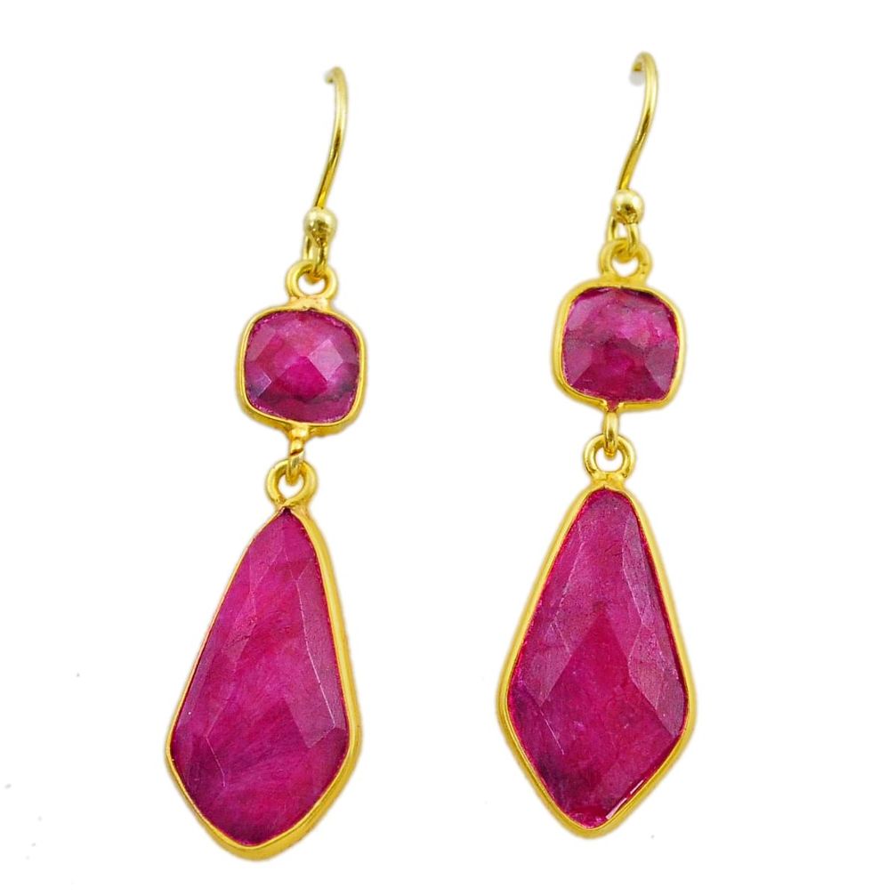 12.94cts natural red ruby 925 sterling silver 14k gold dangle earrings t44226