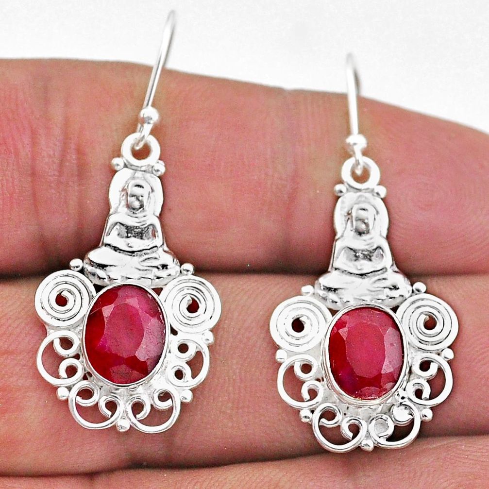 6.04cts natural red ruby 925 sterling silver buddha charm earrings t47010