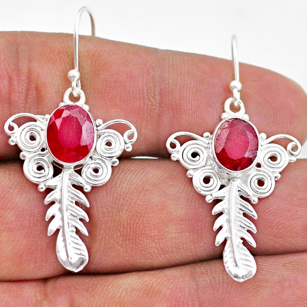 6.01cts natural red ruby 925 sterling silver feather charm earrings t47017