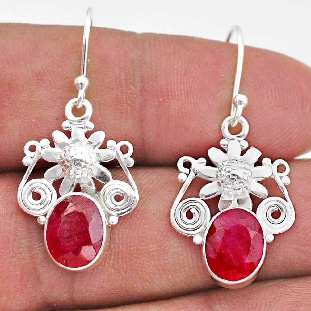 6.33cts natural red ruby 925 sterling silver flower handmade earrings t47019