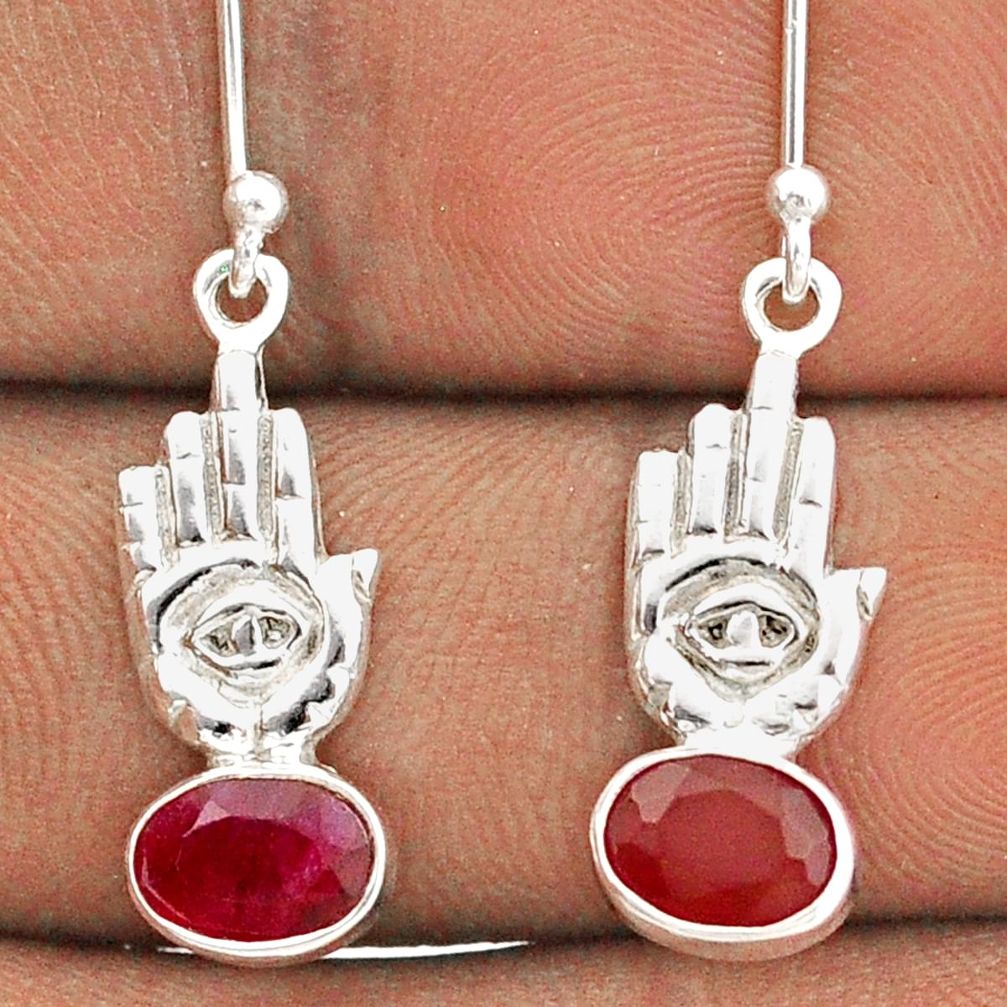 3.04cts natural red ruby 925 sterling silver hand of god hamsa earrings t85332