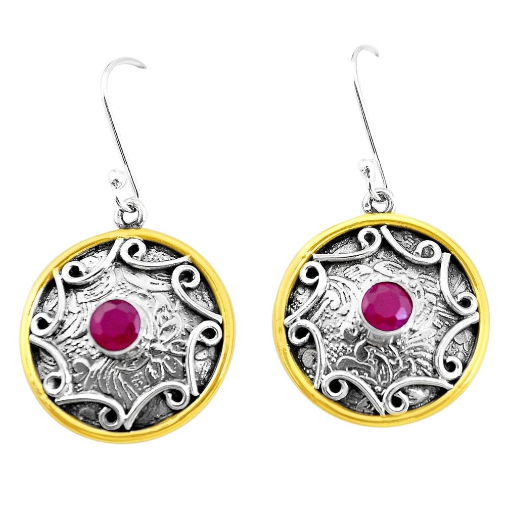 1.93cts natural red ruby 925 sterling silver two tone dangle earrings p21789