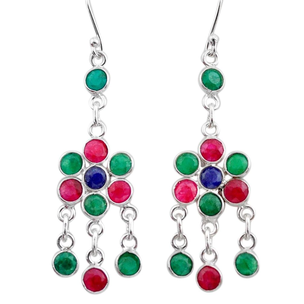 11.70cts natural red ruby emerald sapphire silver chandelier earrings t38880