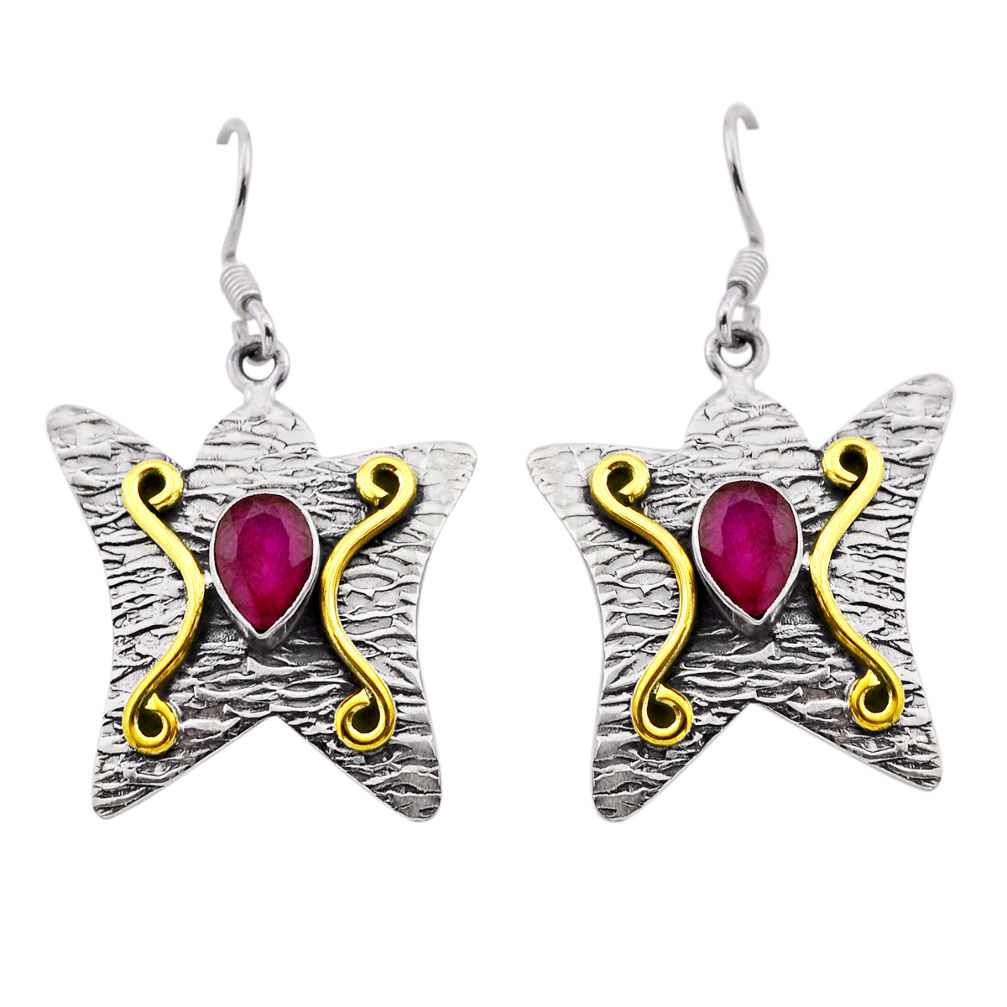 3.02cts natural red ruby pear 925 sterling silver gold earrings jewelry n51041
