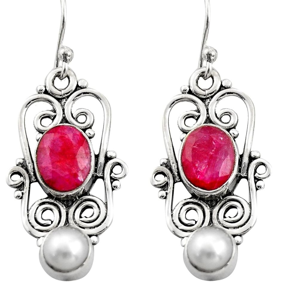 5.75cts natural red ruby pearl 925 sterling silver dangle earrings r21698