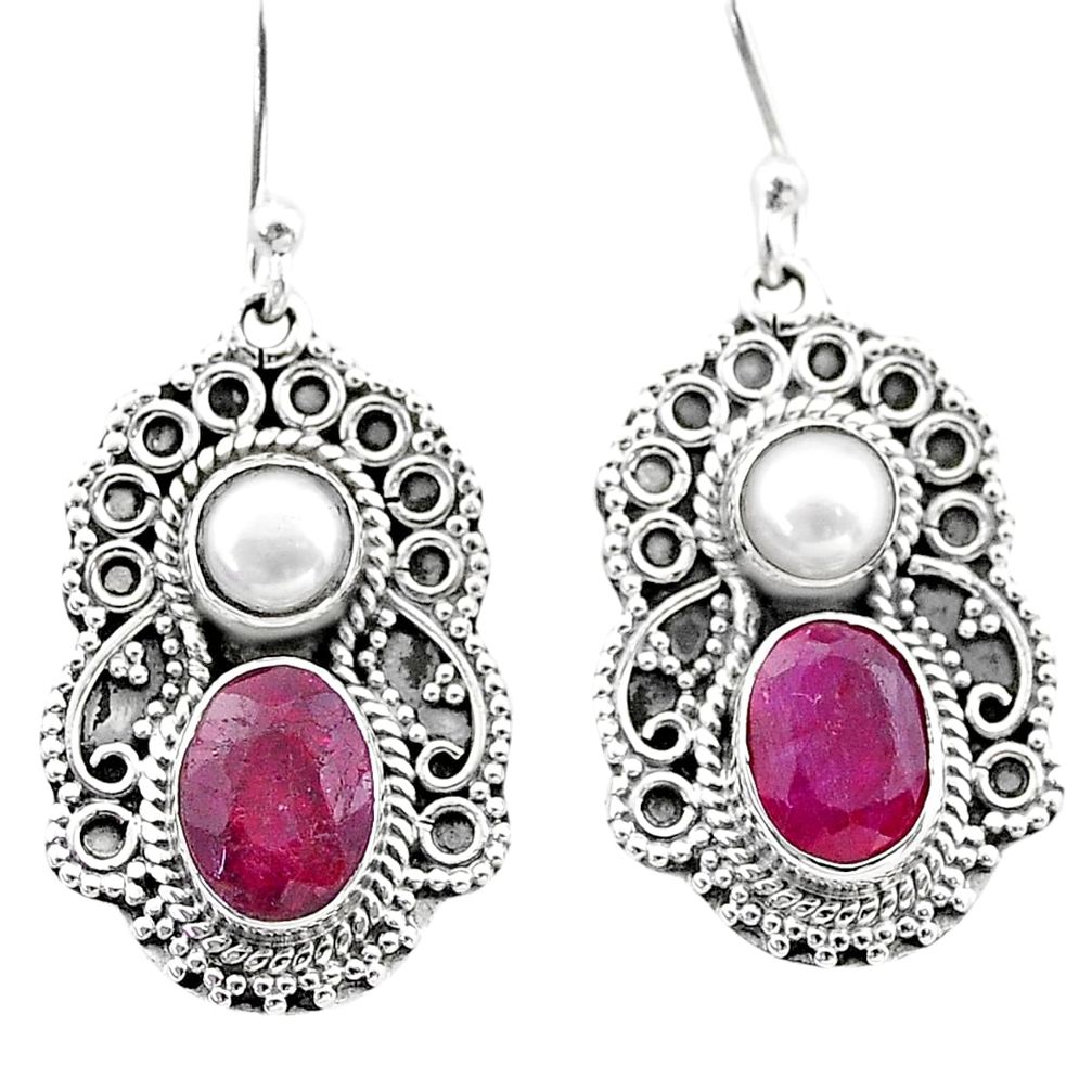 4.94cts natural red ruby pearl 925 sterling silver dangle earrings t69672