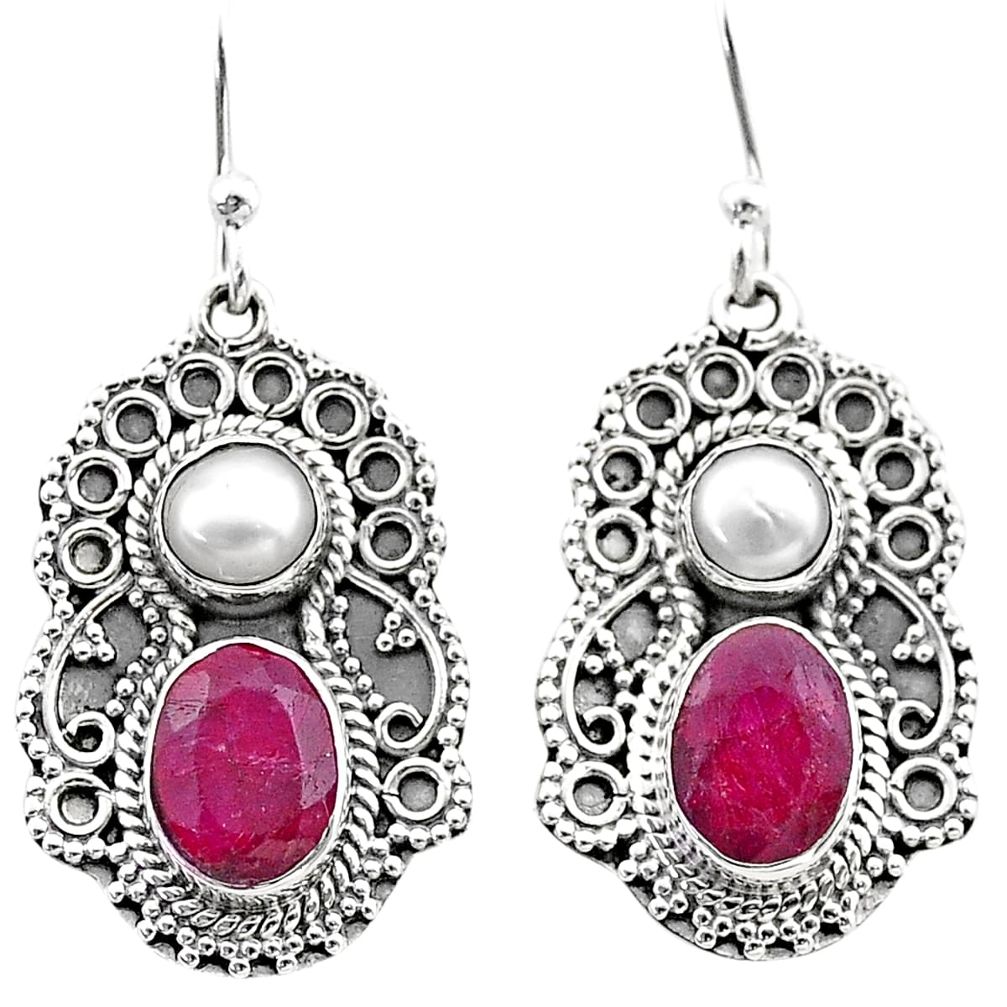 4.93cts natural red ruby pearl 925 sterling silver dangle earrings t69673