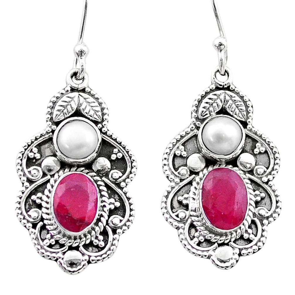 4.01cts natural red ruby pearl 925 sterling silver dangle earrings t69693
