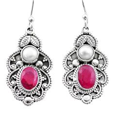 4.01cts natural red ruby pearl 925 sterling silver dangle earrings t69693