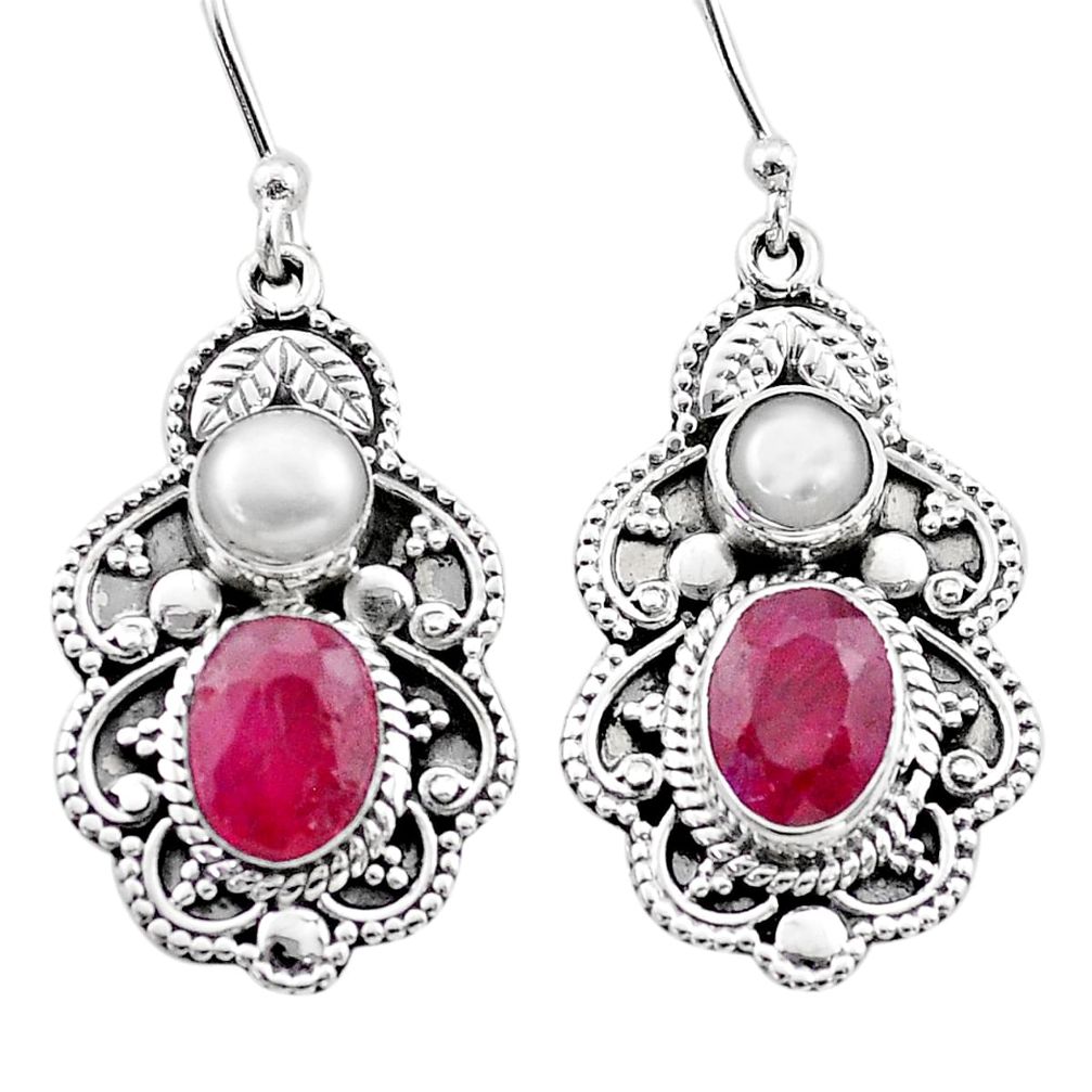 5.13cts natural red ruby pearl 925 sterling silver dangle earrings t69701