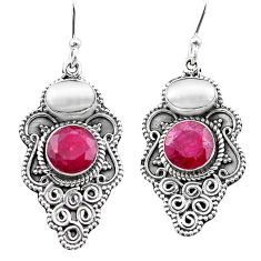 6.33cts natural red ruby pearl 925 sterling silver dangle earrings t69702