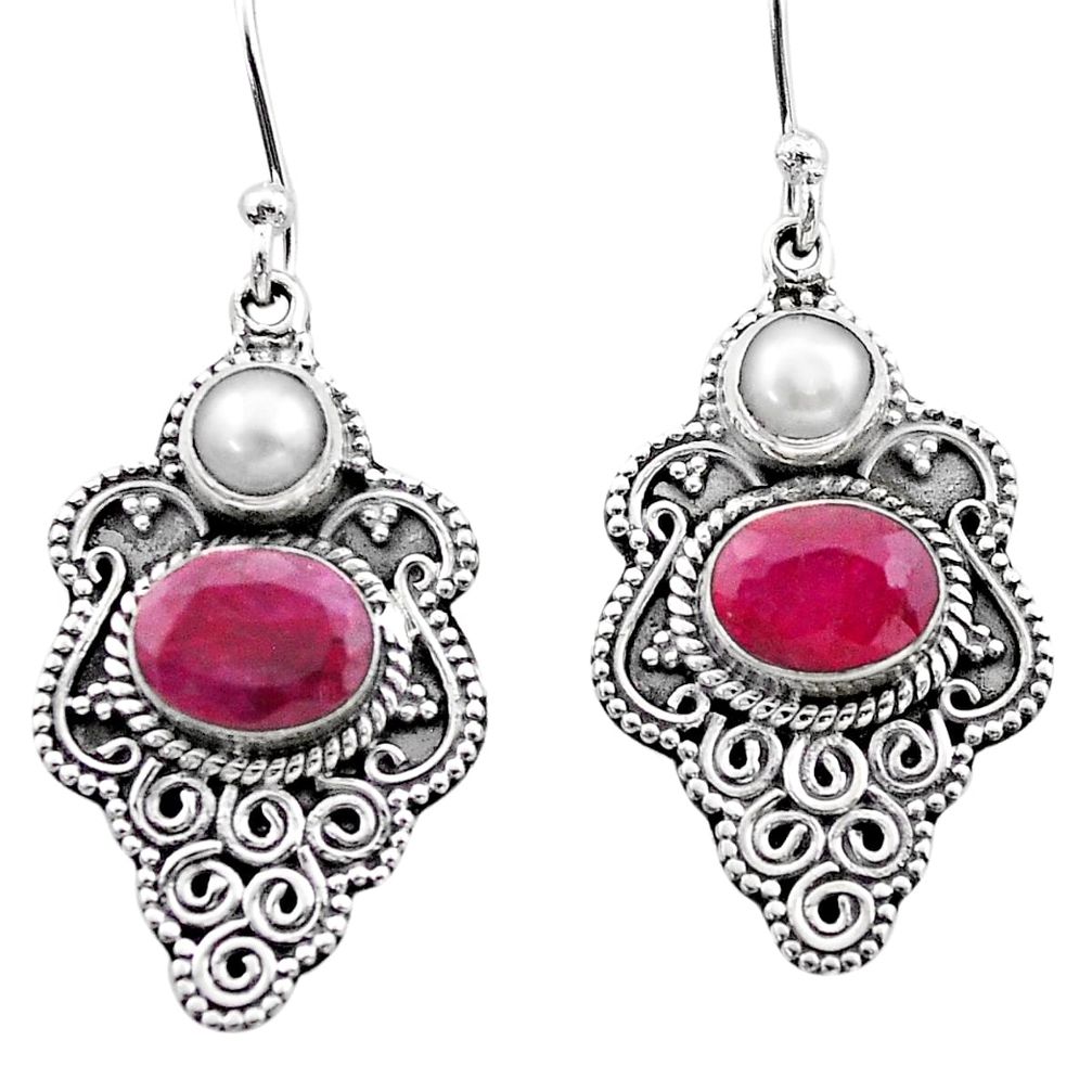 5.42cts natural red ruby pearl 925 sterling silver dangle earrings t69711