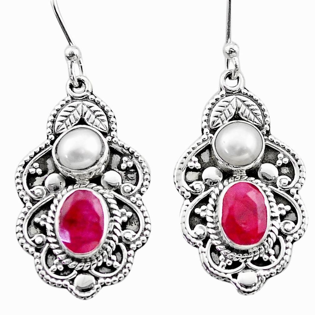 3.90cts natural red ruby pearl 925 sterling silver dangle earrings t69713
