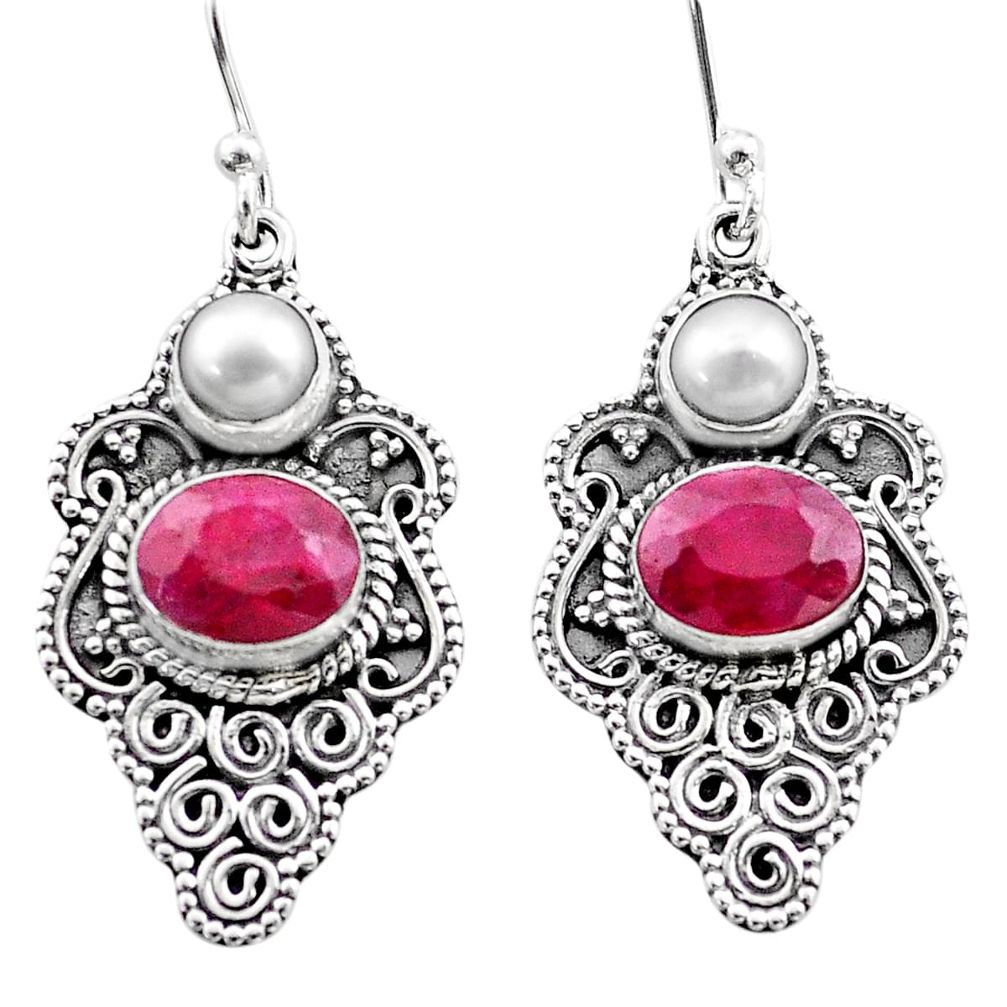 5.23cts natural red ruby pearl 925 sterling silver dangle earrings t69714