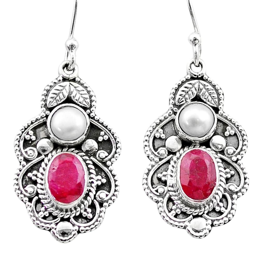 4.02cts natural red ruby pearl 925 sterling silver dangle earrings t69716