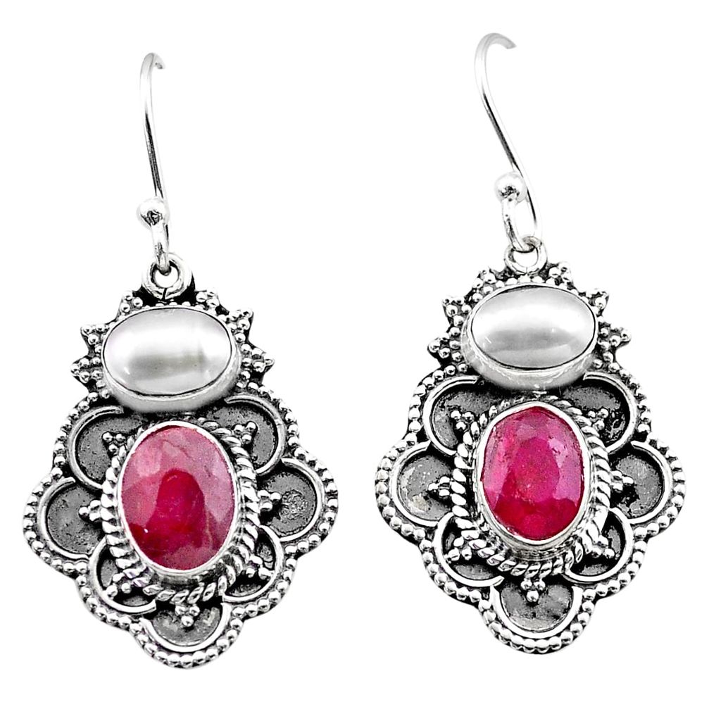 6.03cts natural red ruby pearl 925 sterling silver dangle earrings t69733