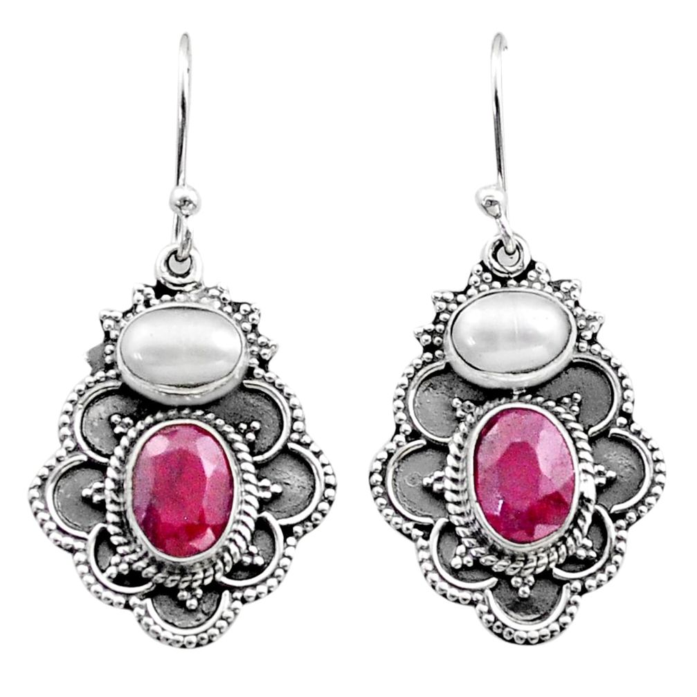 5.79cts natural red ruby pearl 925 sterling silver dangle earrings t73852