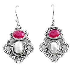 5.53cts natural red ruby pearl 925 sterling silver dangle earrings t73854