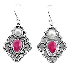 5.36cts natural red ruby pearl 925 sterling silver dangle earrings t73855