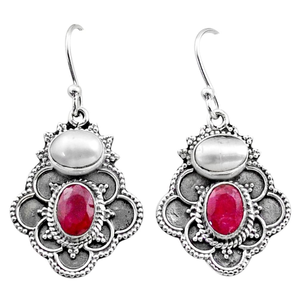 5.52cts natural red ruby pearl 925 sterling silver dangle earrings t73860