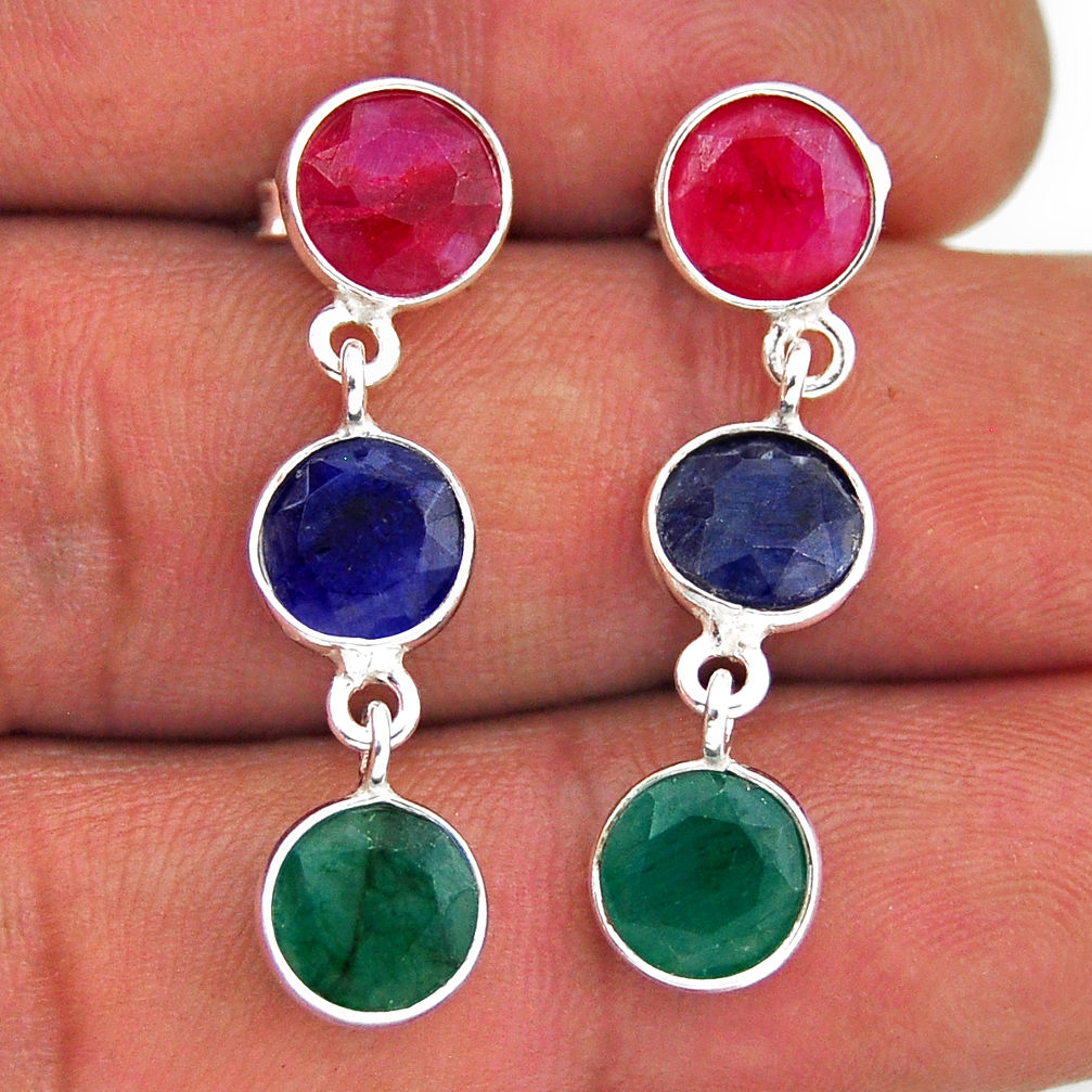 10.89cts natural red ruby sapphire emerald 925 silver dangle earrings n38881