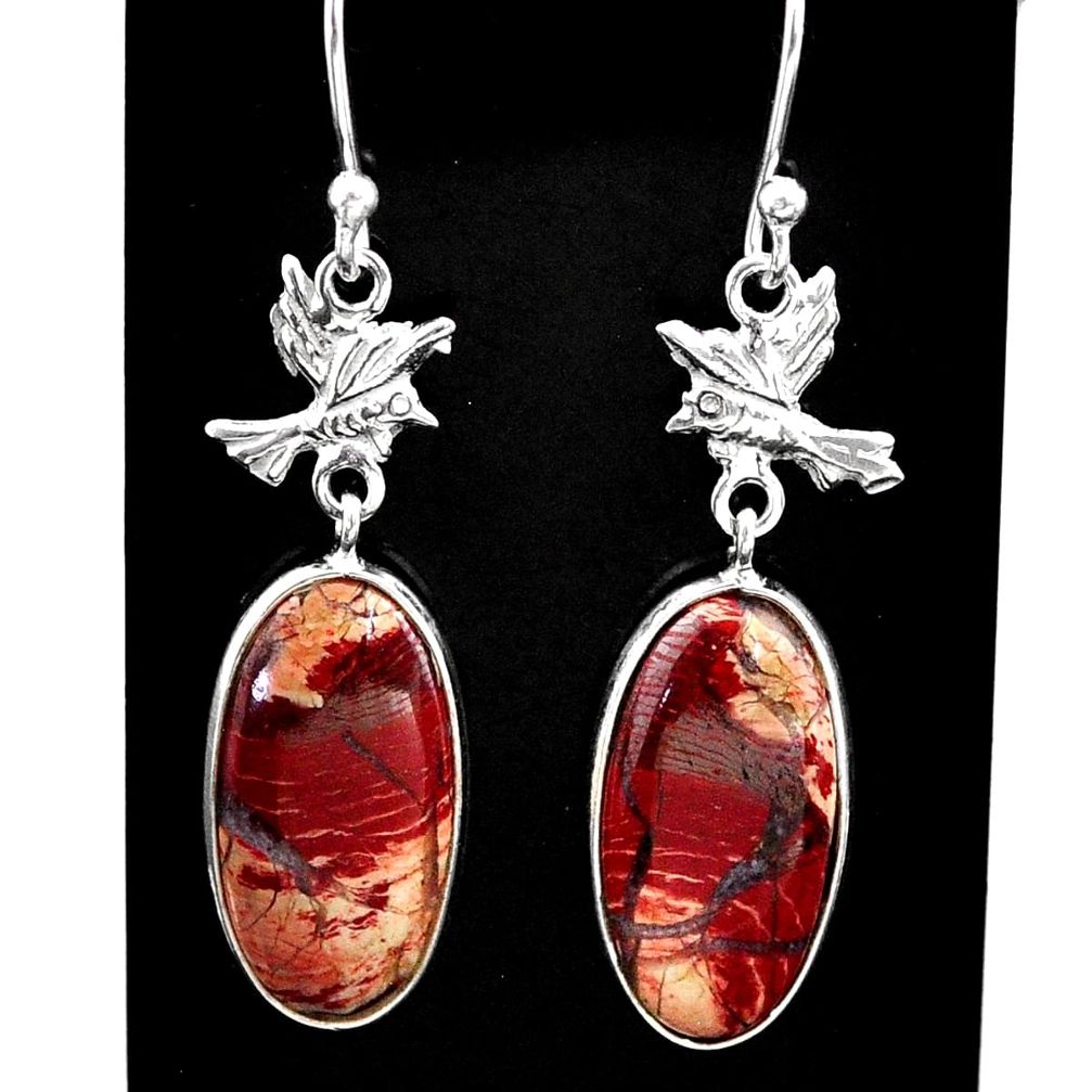 11.50cts natural red snakeskin jasper 925 sterling silver birds earrings t60839