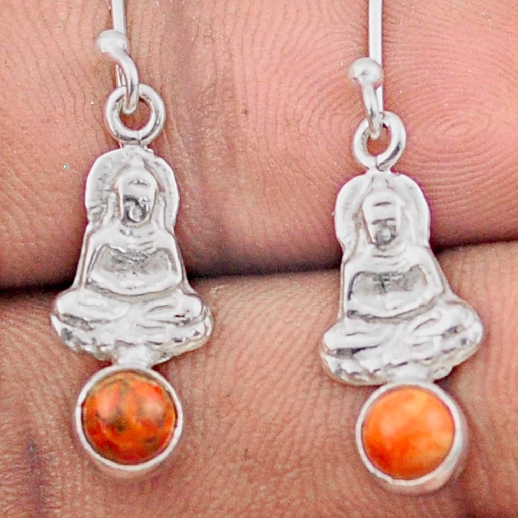 1.23cts natural red sponge coral 925 silver buddha charm earrings t82793