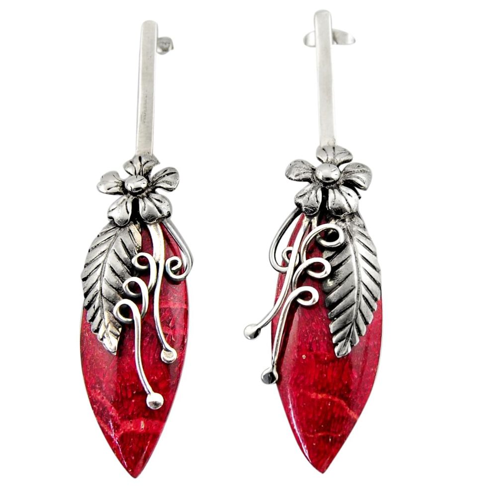 16.85cts natural red sponge coral 925 silver deltoid leaf earrings c26367