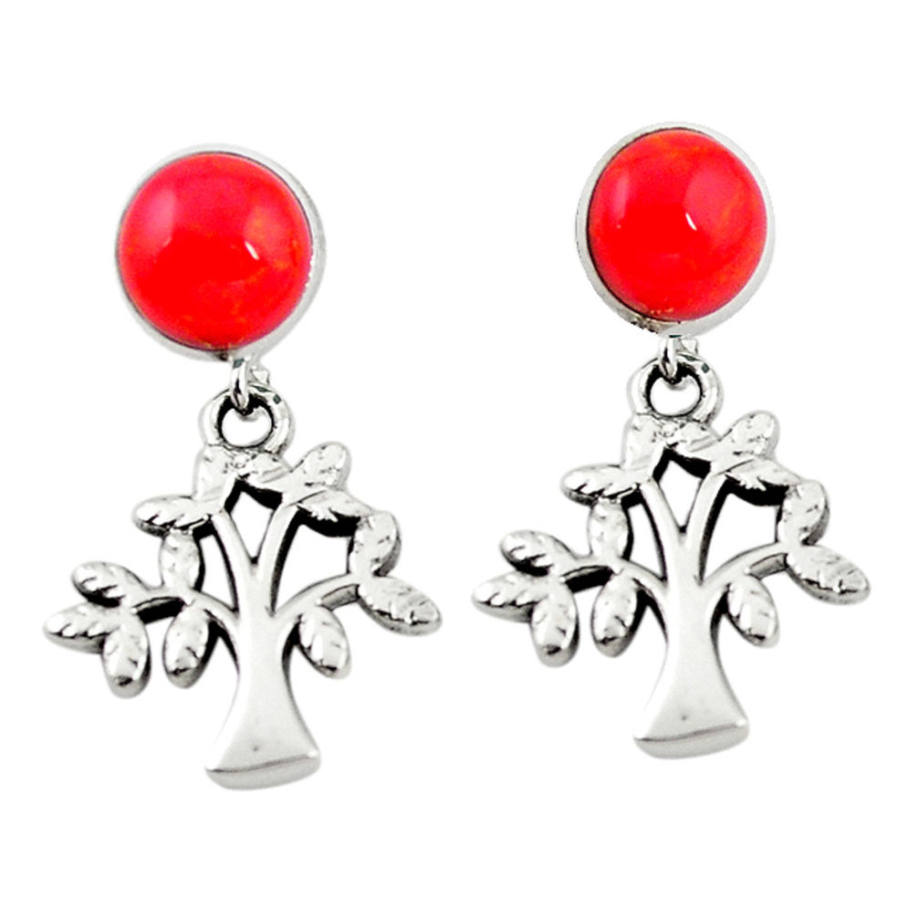 LAB Natural red sponge coral 925 silver tree of life earrings c11626