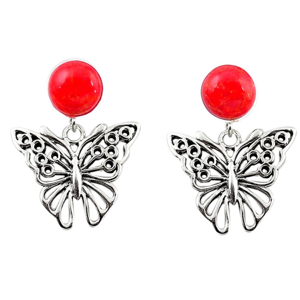 Natural red sponge coral 925 sterling silver butterfly earrings c11624