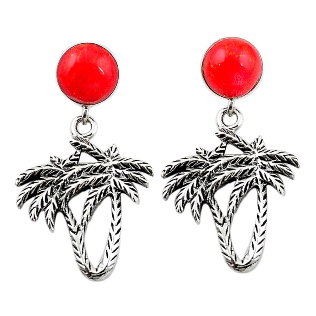 Natural red sponge coral 925 sterling silver dangle palm tree earrings c26020