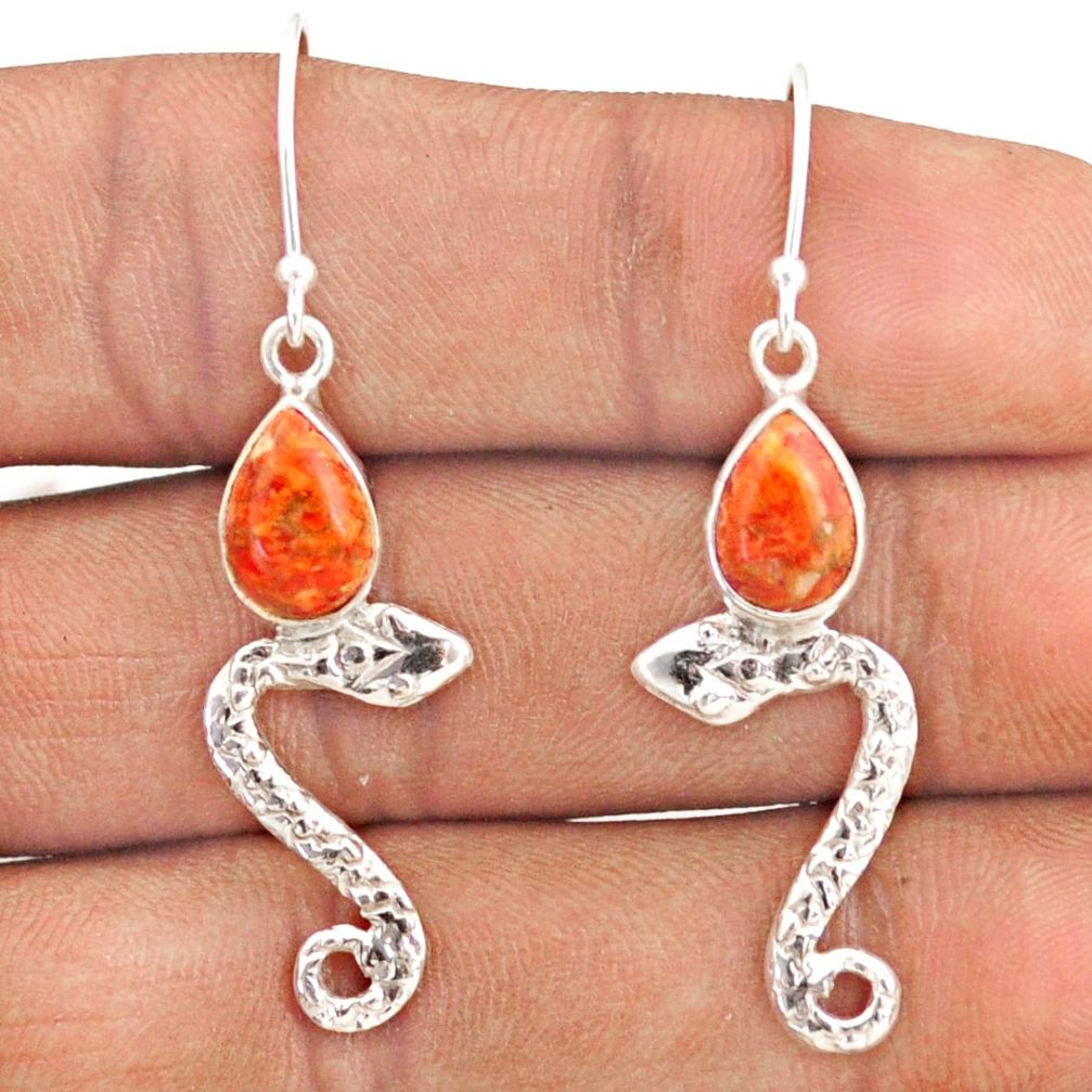 4.87cts natural red sponge coral 925 sterling silver snake earrings t80909