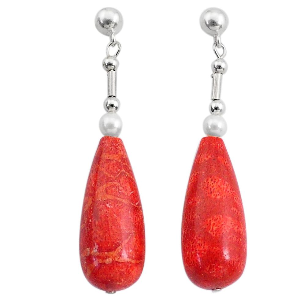 26.53cts natural red sponge coral pearl 925 silver dangle earrings c27286