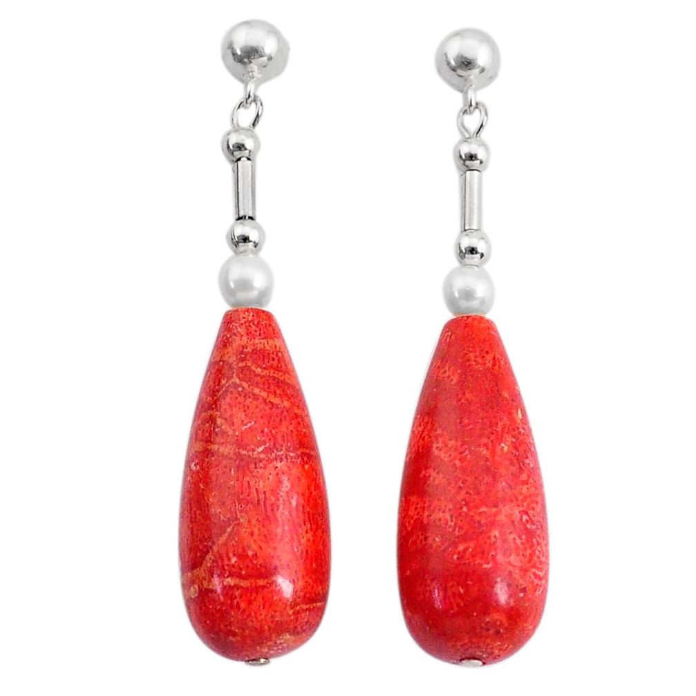 28.06cts natural red sponge coral white pearl 925 silver dangle earrings c27288