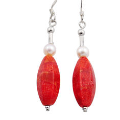 14.78cts natural red sponge coral white pearl 925 silver dangle earrings n20541