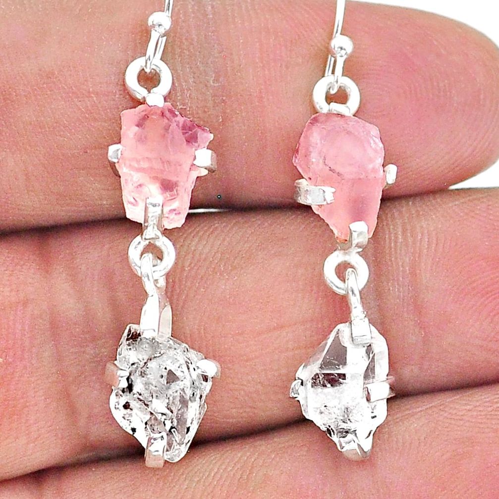 11.50cts natural rose quartz raw herkimer diamond silver earrings t15251