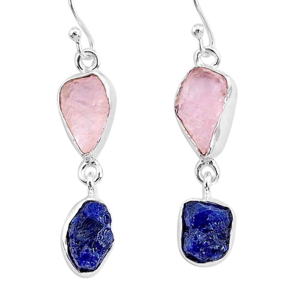 13.04cts natural rose quartz raw sapphire rough silver dangle earrings r93703