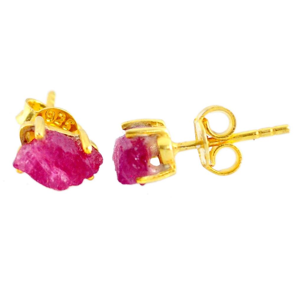 4.54cts natural ruby raw 925 sterling silver 14k gold stud earrings r70468