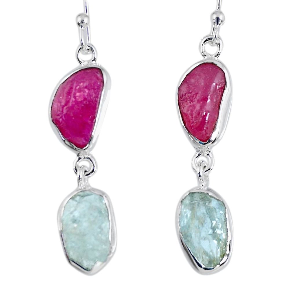 15.39cts natural ruby rough aquamarine rough 925 silver dangle earrings r55413